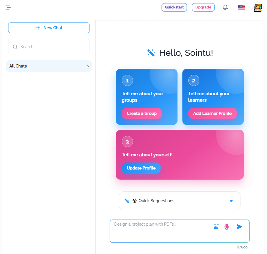 Elina home screen showing setup suggestions: create a group, add learner profiles, and update your teaching preferences