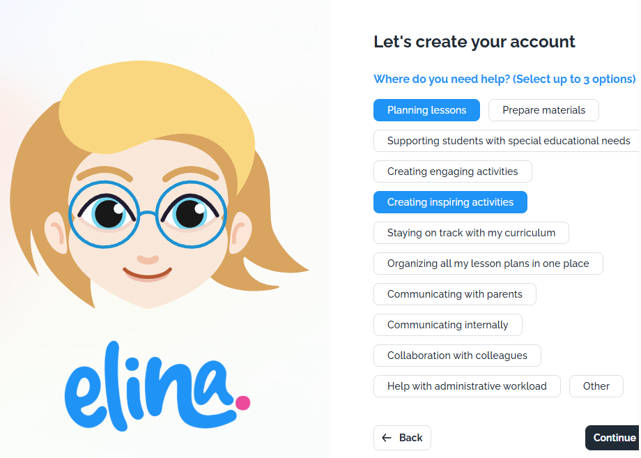Elina onboarding screen asking which areas the user needs help with, such as planning lessons, creating activities, and staying on track with curriculum