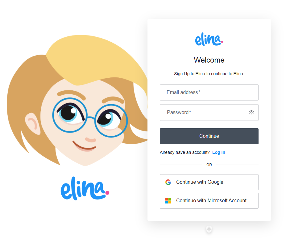 Elina sign-up screen showing email, password, Continue, Google and Microsoft login options