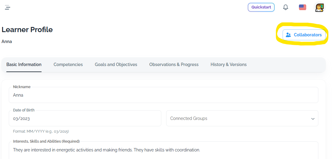 The Collaborators button in the top right corner of a learner profile