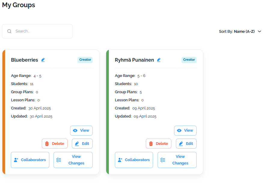 My Groups view showing group cards with Collaborators and View Changes buttons