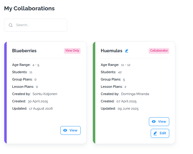 My Collaborations view showing a View only group and a Collaborator group