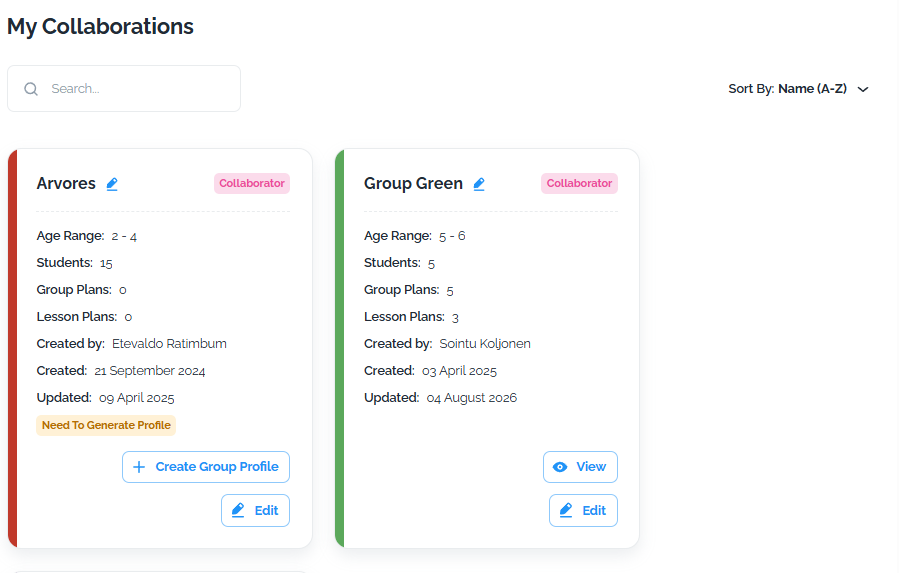 My Collaborations view showing groups shared with you and the Collaborator label