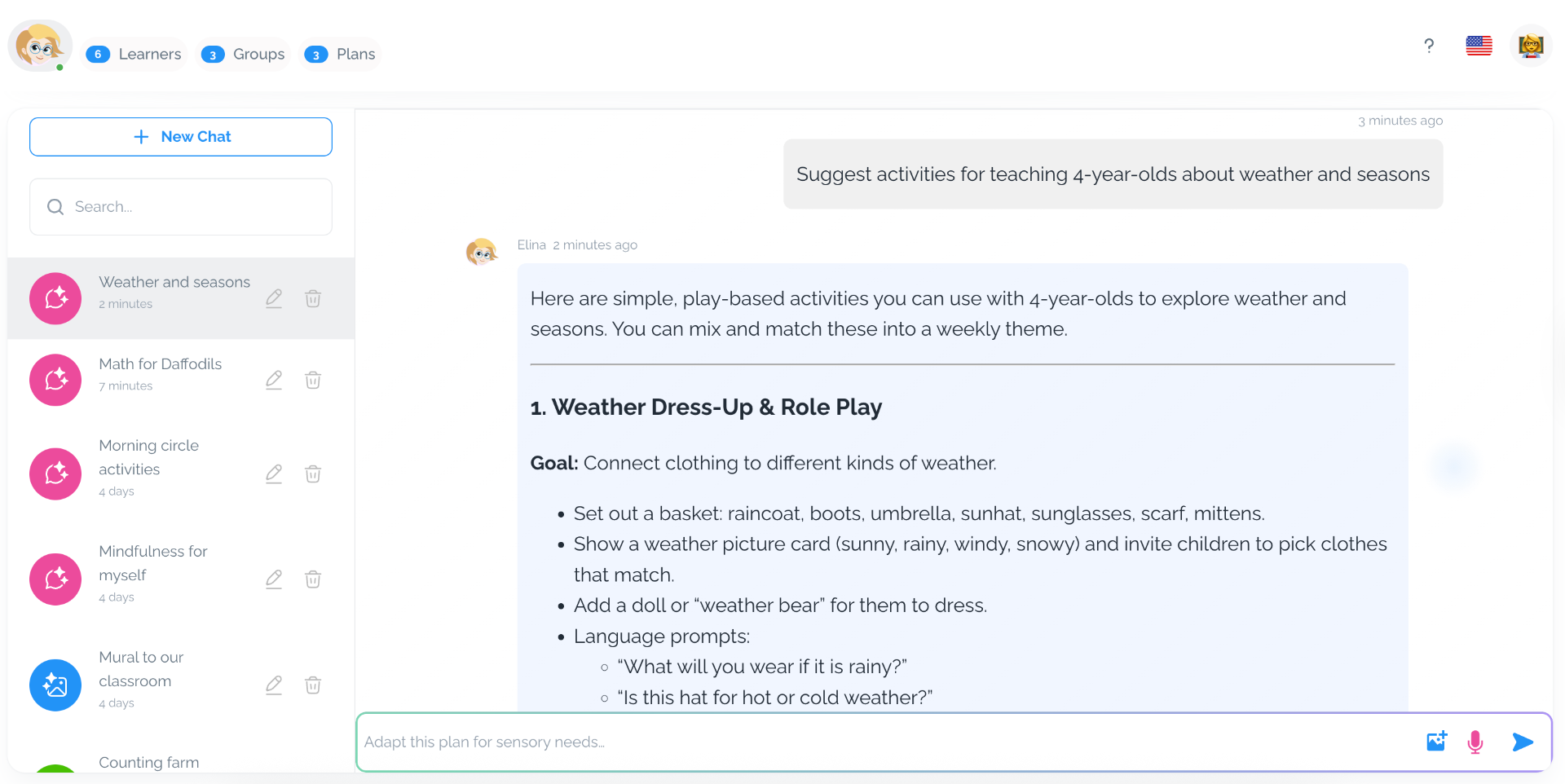 Elina interface showing a teacher receiving ready-to-use activity ideas for 4-year-olds about weather and seasons.